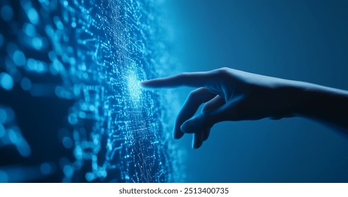 Artificial intelligence and human hand touching with digital data technology, concept on a blue background for future tech or business.