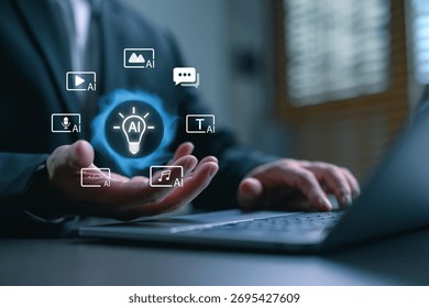 Artificial intelligence idea for multimedia content creation. AI generating text, video, music, and visual content. Innovative digital solution for marketing, communication, and media industry.