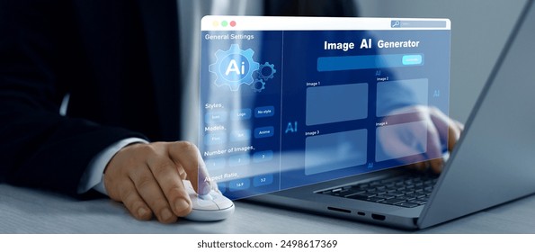 Artificial Intelligence Image Content Generator.AI image creation service technology.Person using AI software to generate images with  futuristic platform user interface. Image AI generator concept