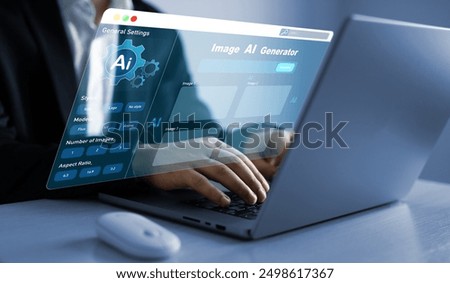 Artificial Intelligence Image Content Generator.AI image creation service technology.Person using AI software to generate images with  futuristic platform user interface. Image AI generator concept