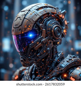 Artificial Intelligence Image, Machine Singularity, A robot with a light on his face and the lights around it, Conscious AI and Machine Identity, A digital art illustration. - Powered by Shutterstock - Get 15% off with code: PIKWIZARD15