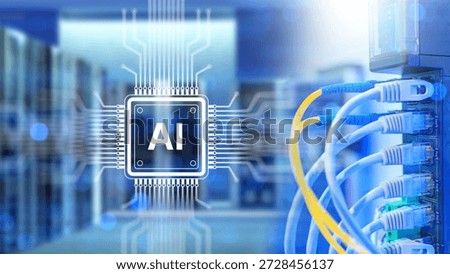 Artificial intelligence infrastructure, data center technology. AI processor icon integrates with network servers, high speed data transfer, cloud computing, and machine learning systems.