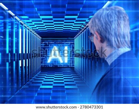 Artificial intelligence infrastructure, Data center operations. Engineer monitors server racks and AI systems in high tech computing environment.