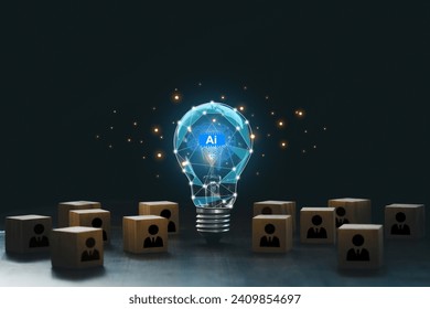 Artificial intelligence innovation. AI adoption and working. AI with a digital brain in a lightbulb with human icons in wooden blocks for AI vs human competition. manage personnel in the organization