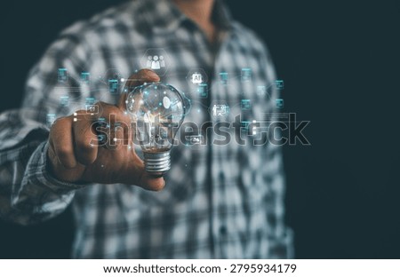 Artificial intelligence innovation concept with connected digital network and smart light bulb, representing AI technology, machine learning, data integration, automation, and business transformation.