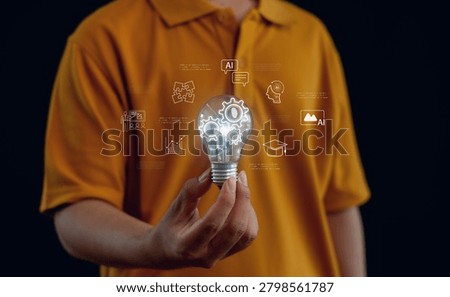 Artificial intelligence innovation concept featuring a light bulb with AI learning icons, automation, problem solving, digital education, smart technology, and future business growth.