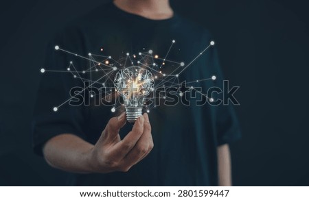 Artificial intelligence innovation concept featuring a brain-shaped light bulb, neural network connections, machine learning, creative thinking, data science, and future technology solutions.