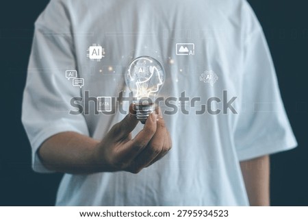 Artificial intelligence innovation concept with glowing light bulb and AI interface, representing machine learning, data analytics, automation, smart technology and digital transformation.
