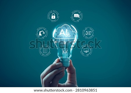 Artificial intelligence innovation concept with glowing light bulb and AI cloud interface, representing smart technology, machine learning, automation, data analytics, digital transformation.