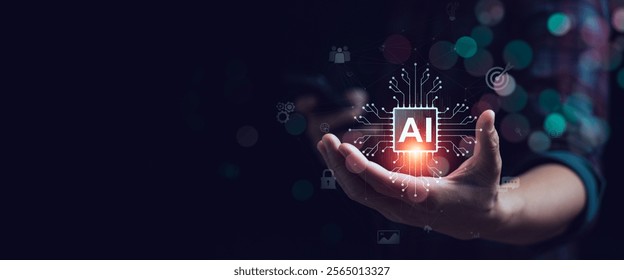 Artificial intelligence innovation and digital transformation concept with AI chip and neural network. Businessman holding futuristic technology for machine learning, automation, and smart computing.