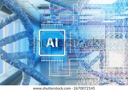 Artificial intelligence integrated with DNA analysis and genome sequencing, symbolizing biotechnology, bioinformatics, genetics, healthcare technology, AI research.