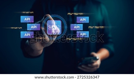 Artificial intelligence integration, AI core connected with multiple API modules, representing software automation, data exchange, system connectivity, scalable architecture, digital transformation.