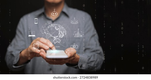 Artificial intelligence integration in mobile technology, smart applications, data flow, and global connectivity. A man using smartphone with digital globe and AI icons on binary code background.