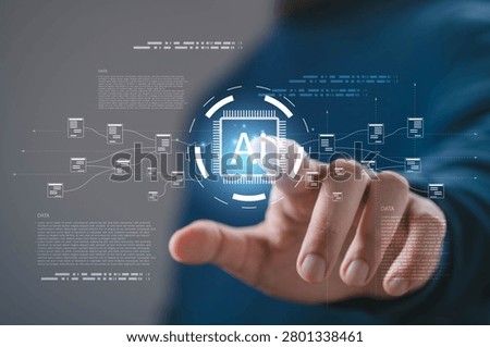Artificial intelligence interface with business hand interacting with AI microchip, connected data network, machine learning, data processing, automation, digital transformation in technology systems.
