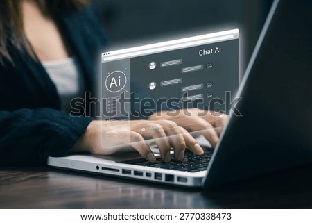 Artificial intelligence interface with chat system on laptop. AI communication, smart technology, automation platform, digital interaction and futuristic user interface design.
