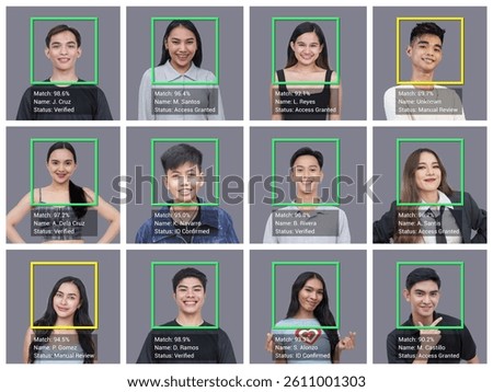 Artificial intelligence interface detecting and identifying young people using face scan boxes and status tags. Concept for biometric ID, surveillance, machine learning datasets, and AI ethics themes.