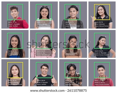 Artificial intelligence interface detecting and identifying young people using face scan boxes and status tags. Concept for biometric ID, surveillance, machine learning datasets, and AI ethics themes.