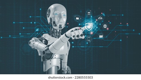 Artificial Intelligence Internet of Things Network Protection Global Business Robots Touch Key Protection Icons Digital technology concepts online marketing, data analysis, e-commerce connectivity
