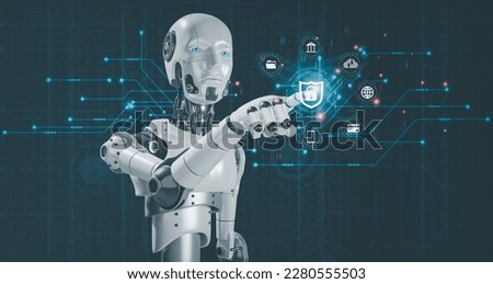 Artificial Intelligence Internet of Things Network Protection Global Business Robots Touch Key Protection Icons Digital technology concepts online marketing, data analysis, e-commerce connectivity