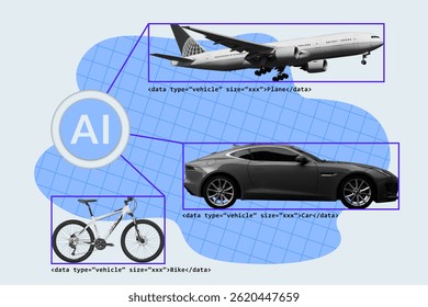 Artificial intelligence labeling different types of vehicle using dataset. Plane, car, and bicycle transportation. Machine learning using data annotation to identify objects. Smart verification system