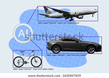 Artificial intelligence labeling different types of vehicle using dataset. Plane, car, and bicycle transportation. Machine learning using data annotation to identify objects. Smart verification system