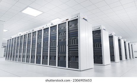 Artificial Intelligence and Large Language Model Training Cluster. White Server Cabinets inside Bright and Clean Large Data Center. Supercomputer and Advanced Cloud Computing Concept. - Shutterstock ID 2306905653