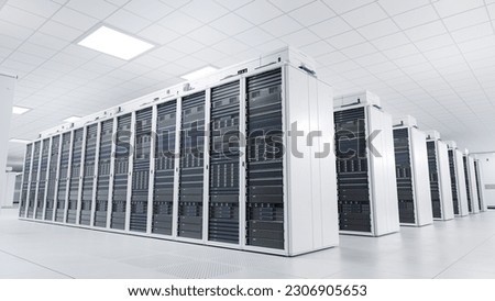 Artificial Intelligence and Large Language Model Training Cluster. White Server Cabinets inside Bright and Clean Large Data Center. Supercomputer and Advanced Cloud Computing Concept.