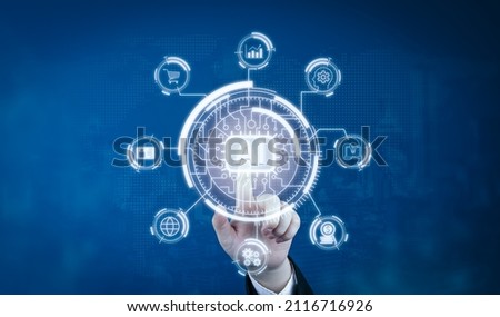 Artificial Intelligence Learning Future. Business Hands Enabled AI-powered Data and Network Connectivity, Information Exchange,  Innovative Technology Data management, analytics, processing, financial