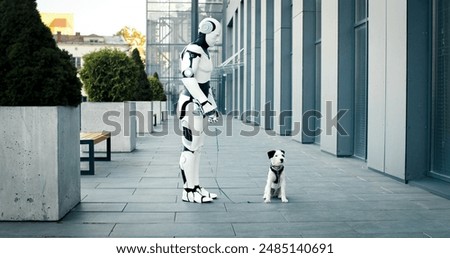 Artificial intelligence machine going walk dog in the morning. Robot standing near building keeps pet on green leash. Walking dogs is cool activity for everyone.