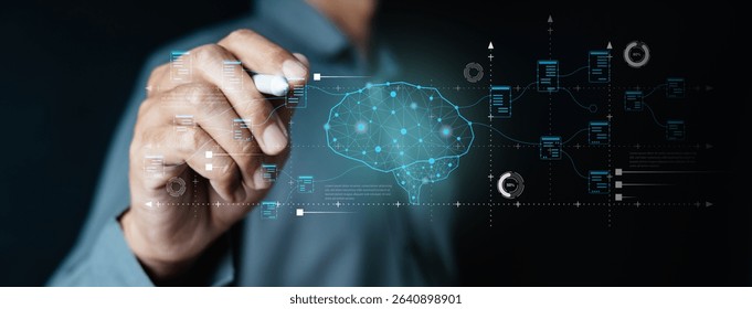 Artificial intelligence machine learning ai. Neural networks. Data science technology. A man is drawing a brain on a computer screen. Concept of the brain being a complex and intricate system.