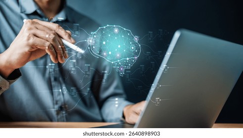 Artificial intelligence machine learning ai. Neural networks. Data science technology. A man is drawing a brain on a laptop. Concept of technology and the human brain.