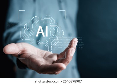 Artificial intelligence machine learning ai. Neural networks. Data science technology. A person is holding up their hand to a computer screen that displays the word AI.