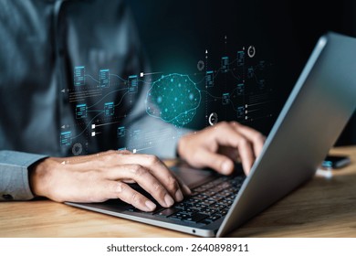 Artificial intelligence machine learning ai. Neural networks. Data science technology. A man is typing on a laptop with a blue screen that has a brain on it. Concept of technology and the human brain.