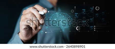 Artificial intelligence machine learning ai. Neural networks. Data science technology. A man is drawing a brain on a computer screen. Concept of the brain being a complex and intricate system.