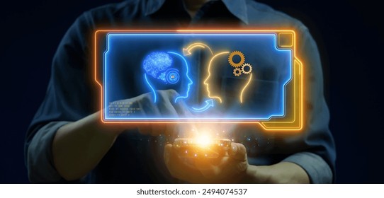 Artificial intelligence, machine learning concept, big data, cloud computing, computer network and innovation technology. Human hand shows AI brain provide access information, digital chat bot concept