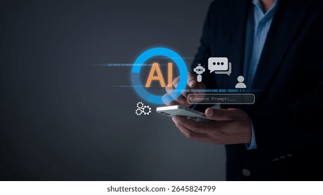Artificial intelligence, machine learning, and future digital communication. A person interacts with a smartphone screen showing AI technology icons like a robot, chat bubble, and command prompt.
