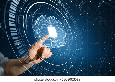 Artificial intelligence, machine learning and innovation technology concept with man finger on virtual touch screen with glowing circuit with chip in form of human brain on abstract blue background