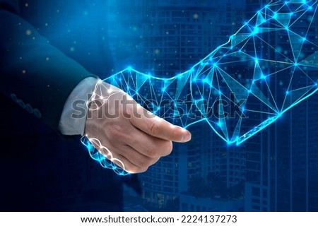 Artificial intelligence and machine learning process for 4th industrial revolution. Businessperson shaking hand with digital partner over futuristic background. 