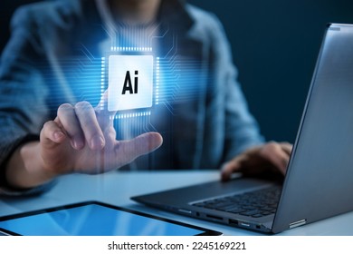 Artificial Intelligence and Machine Learning technology concept. Neural network. Businessman uses artificial intelligence for innovative solutions in business