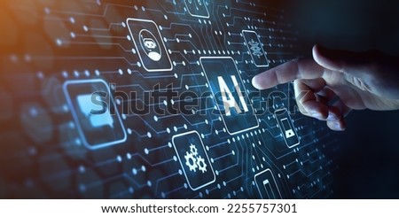 Artificial intelligence and machine learning technology with finger touching AI processor on electronic circuit. Engineer working with chatbot, smart assistant, innovative neural network and data.