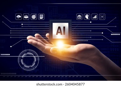 Artificial intelligence. Man holding virtual circuit board scheme with AI abbreviation and icons on dark blue background, closeup