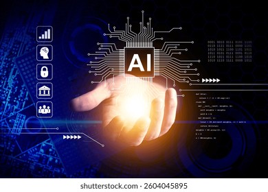 Artificial intelligence. Man holding virtual circuit board pattern with AI abbreviation, double exposure with computer motherboard