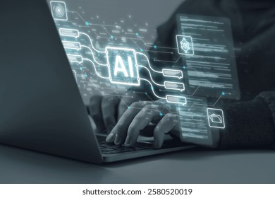Artificial intelligence. Man using laptop at table, closeup. Scheme with AI and other icons over computer. Toned in grey
