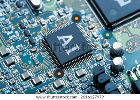 Artificial Intelligence Microchip on Electronic Circuit Board, Close-Up View of AI Processor, Electronic Motherboard with AI Chip