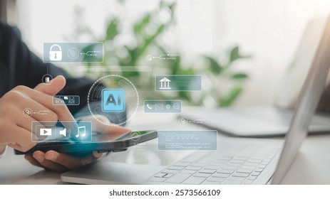 Artificial Intelligence and mobile technology concept. A man using an AI Phone for Generative Editing, circle-to-search, and Chatbot assistant conversation. Futuristic technology transformation.