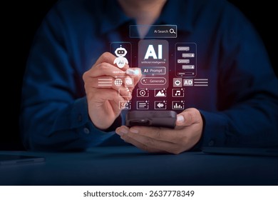 Artificial Intelligence and mobile technology concept. Man using smartphone for AI Search, Generative Edit, Live Translate, Chatbot assistant conversation. AI Agent. Chatbot. Agentic workflows. LLM.