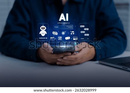 Artificial Intelligence and mobile technology concept. Man using smartphone for AI Search, Generative Edit, Live Translate, Chatbot assistant conversation. AI Agent. Chatbot. Agentic workflows. LLM.