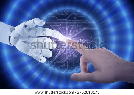 Artificial intelligence neural network, machine learning. Connection between human and robot hands in cyberspace