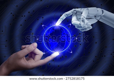 Artificial intelligence neural network, machine learning. Human and robot hands touching globe in cyberspace