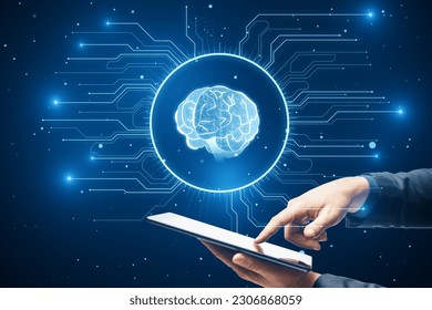 Artificial intelligence and neural network technology concept with finger pushing button on digital tablet and human brain icon virtual hologram on dark blue background